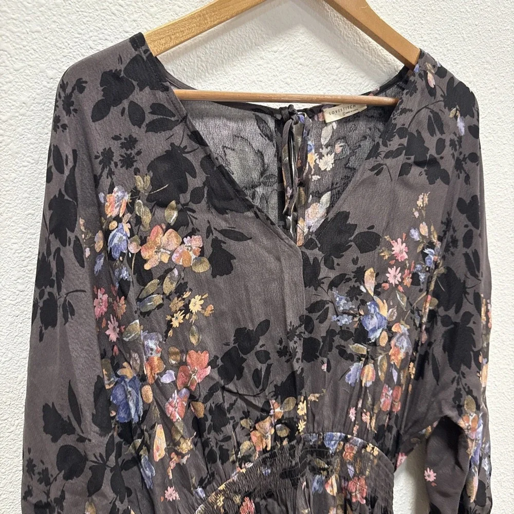 Lovestitch Dress Size L. Long sleeve Floral Midi‎ Dresd Smocked Waist Spring